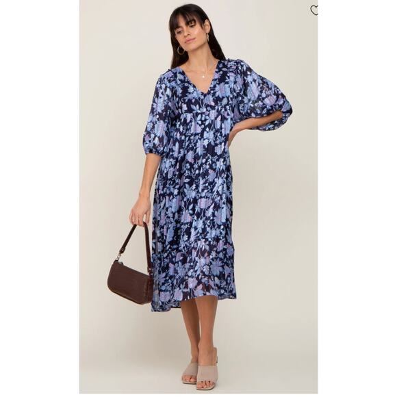 Pinkblush Navy Floral V-Neck Shimmer Midi Dress Size L - Picture 7 of 12